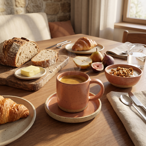 Śniadaniowy stół z espresso w filiżance HU.KA Sorso, chlebem, croissantem i figami
