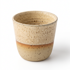 HU.KA Rito — ręcznie robiona czarka ceramiczna 200 ml, kremowo-owsiane szkliwo i piaskowa glina, na białym tle