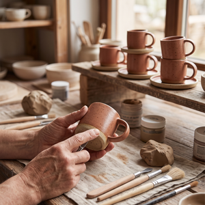 Ceramiczka wykańcza filiżankę HU.KA Sorso w pracowni, w tle gotowe zestawy na drewnianej półce