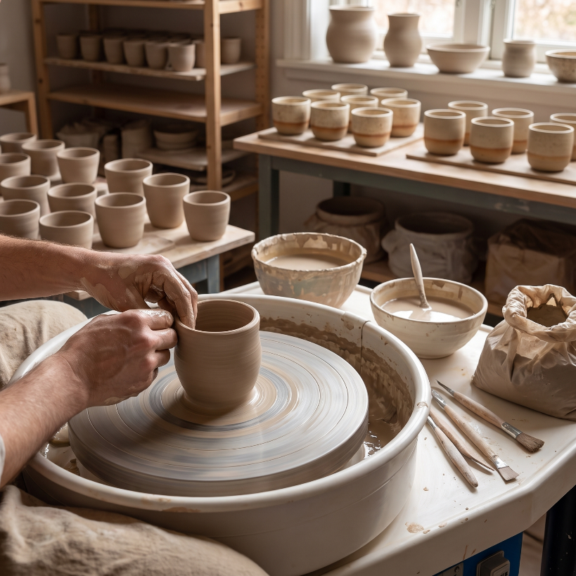 Polska pracownia ceramiczna, w której powstaje HU.KA Rito — koło garncarskie i wyroby na półkach