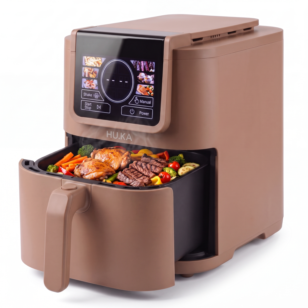HU.KA CrunchUp w kolorze Warm Clay — frytkownica beztłuszczowa 5 L o szerokości 22 cm z wysuniętą szufladą pełną warzyw i mięsa, na białym tle