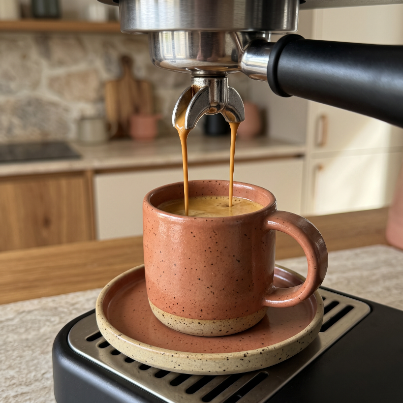 Espresso spływa z kolby ekspresu wprost do filiżanki HU.KA Sorso stojącej na spodku