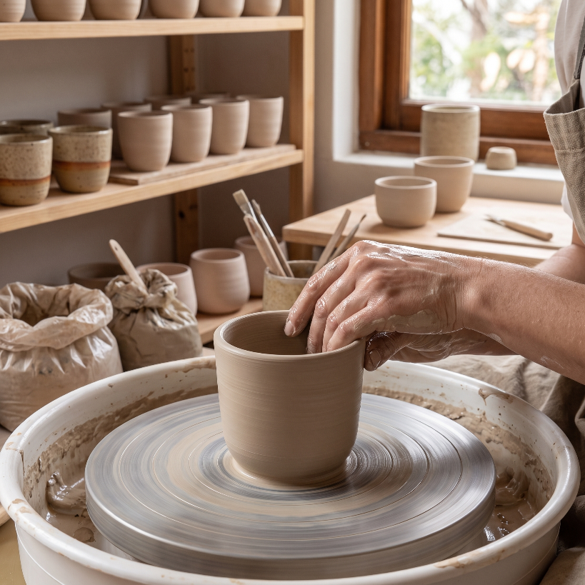 Dłonie ceramiczki formują czarkę Rito na kole garncarskim, w tle półki z wyrobami pracowni