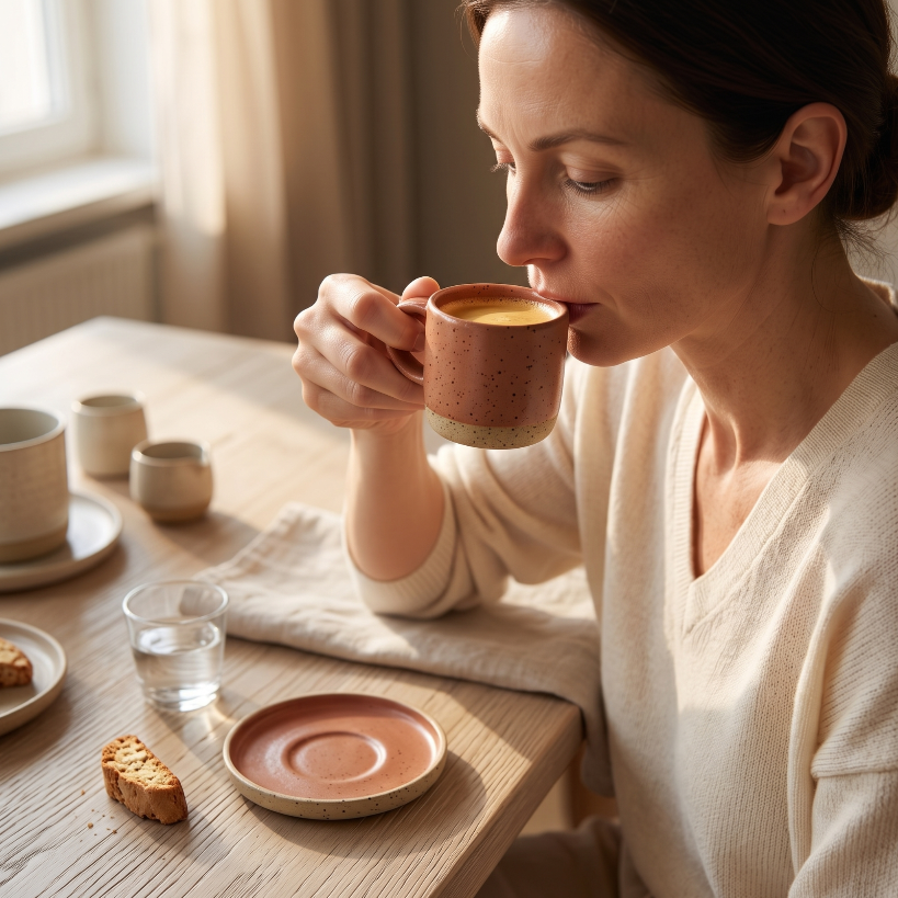 Kobieta pije espresso z filiżanki HU.KA Sorso przy stole, na spodku obok leży cantuccino