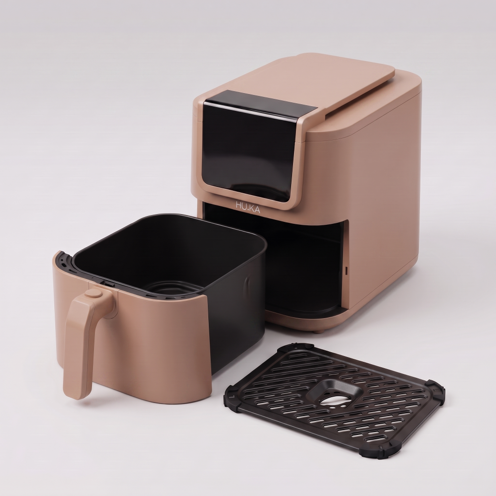 Co znajdziesz w pudełku — HU.KA CrunchUp Warm Clay, wyjmowany kosz 5 L i tacka z powłoką nieprzywierającą