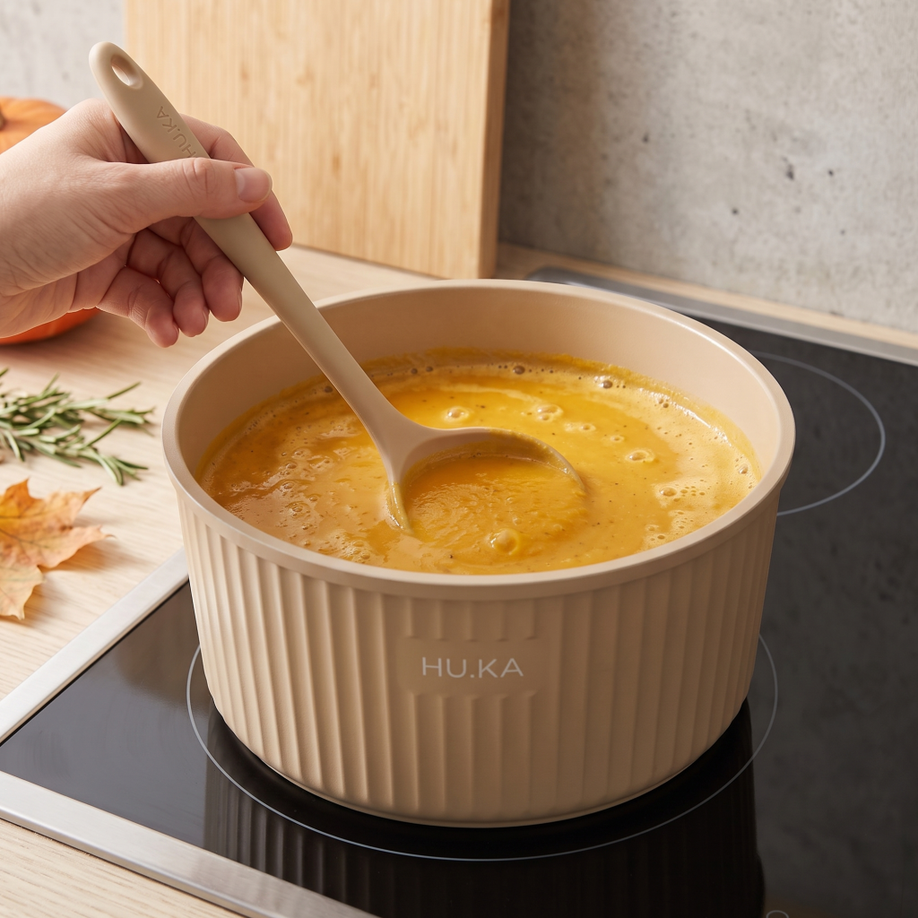 Zupa krem mieszana silikonową chochlą w garnku HU.KA Nestio na płycie indukcyjnej