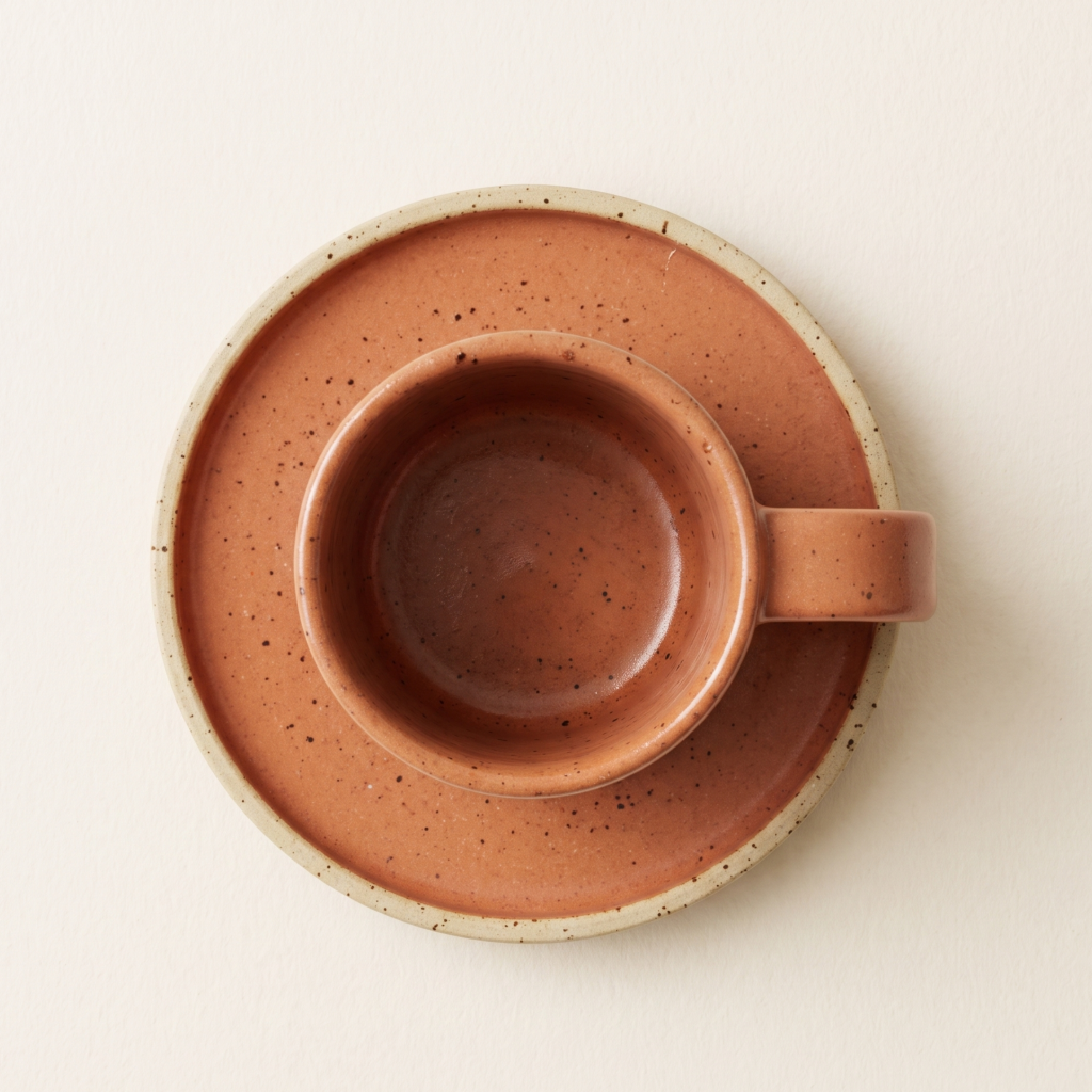 Filiżanka HU.KA Sorso ustawiona na spodku, widok z góry — szkliwione wnętrze i nakrapiana krawędź spodka