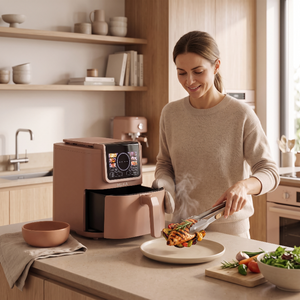 HU.KA CrunchUp Warm Clay w użyciu — wysuwany kosz z warzywami, stół z gotowymi daniami