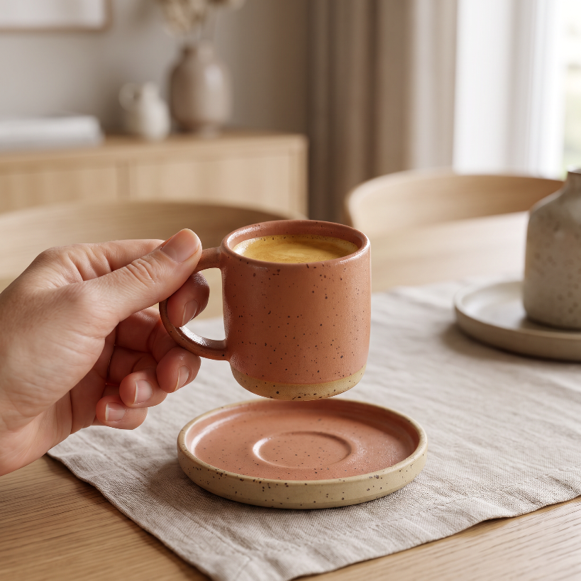 Dłoń podnosi filiżankę HU.KA Sorso z espresso znad spodka, jadalnia z lnianą bieżnikiem