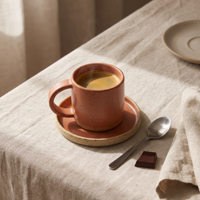 Espresso z unoszącą się parą w filiżance HU.KA Sorso na lnianym obrusie, obok łyżeczka i czekolada